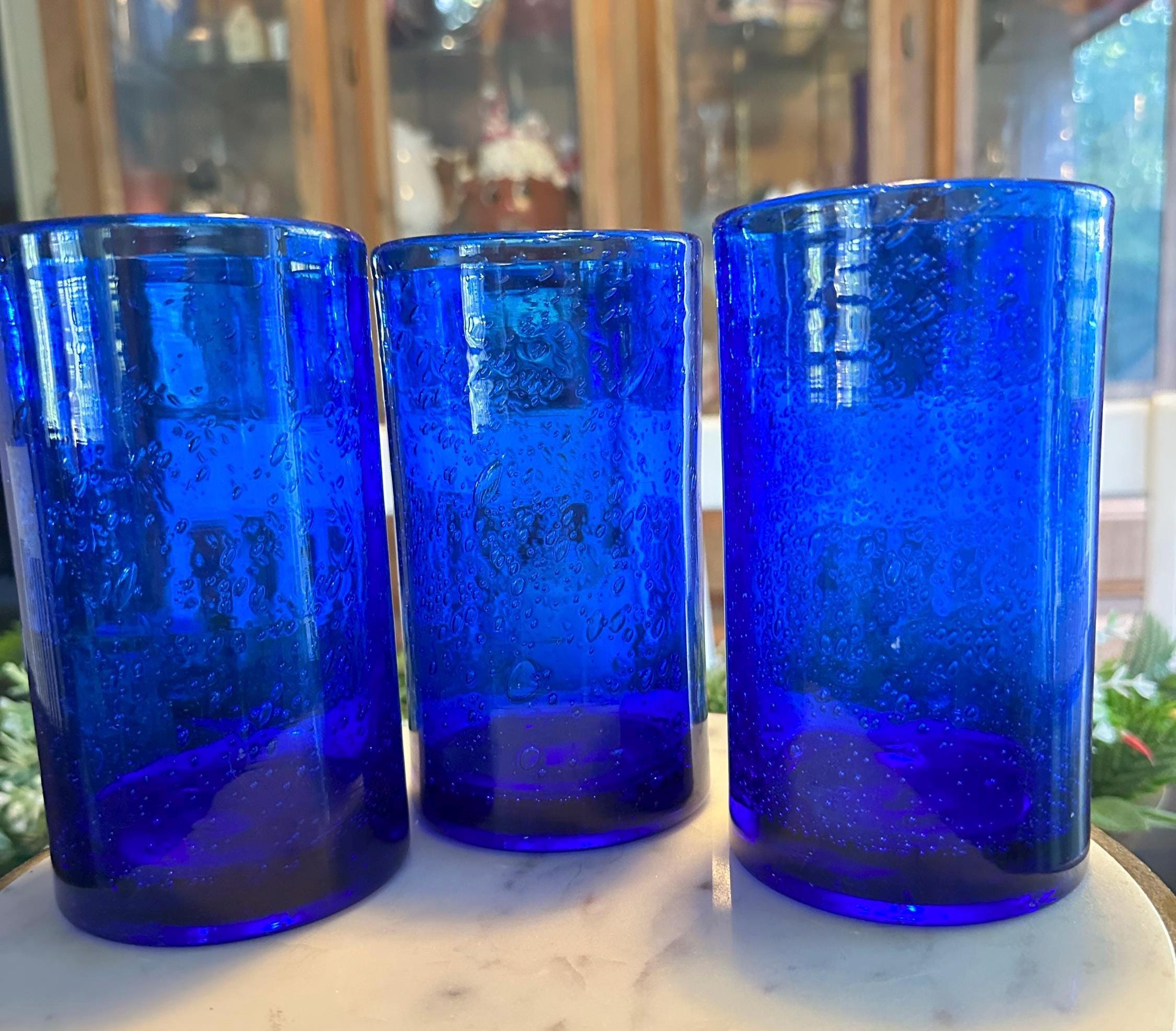 Set Of 3 Cobalt Blue Hand Blown Tumblers drinking glass Seeded Heavy bubbles. 16oz.