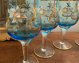 Set of Six 6 Murano Wine Glass Hand Painted Multi Blue Red Green