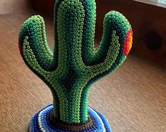 Huichol Beaded Cactus Sculpture, handcrafted   glass bead chaquira technique Wixárika indigenous Mexico