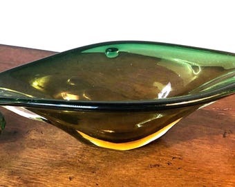 MCM Hand Blown Art Glass Centerpiece –  Green & Yellow Swirl – Murano Glass