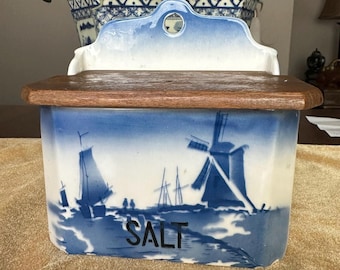 Vintage porcelain salt box Delft-style pottery, Ditmar originating from Czechoslovakia. As is.