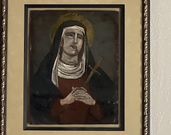 Antique Religious Folk Art Painting Our Lady of Sorrows | Hand Painted Retablo Style Catholic Icon | Vintage Devotional Art