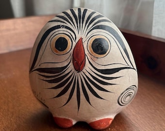 Vintage Mexican Folk Art Owl Pottery Hand Painted Ceramic Owl Figurine Tonala Rustic Boho