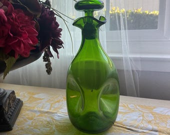 Vintage Emerald Green Art Glass Decanter with Stopper | Mid Century Modern Blown Glass Bottle | Retro Barware or Vase Decor