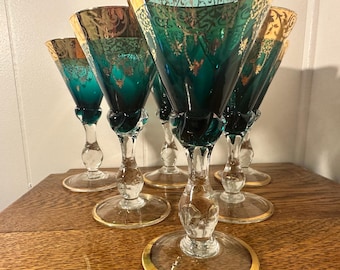Vintage Emerald Green Goblet | Gold Gilt Mid Century Barware