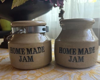 Vintage Moira Pottery stoneware "Home Made Jam" crocks, produced in Staffordshire, England.