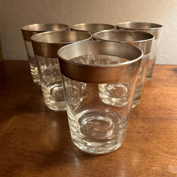 Dorothy Thorpe large Rock 12oz Cocktail Glasses silver band set of six MCM mid century Barware whiskey