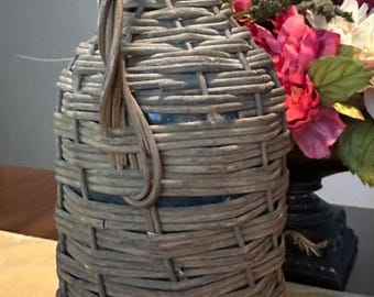 Vintage Wicker Wrapped Glass Demijohn Bottle with Handle | Rustic Farmhouse Vase