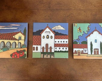 Vintage Triton Tile art pottery trivets manufactured roughly between the late 1970s and the 1990’s, California missions