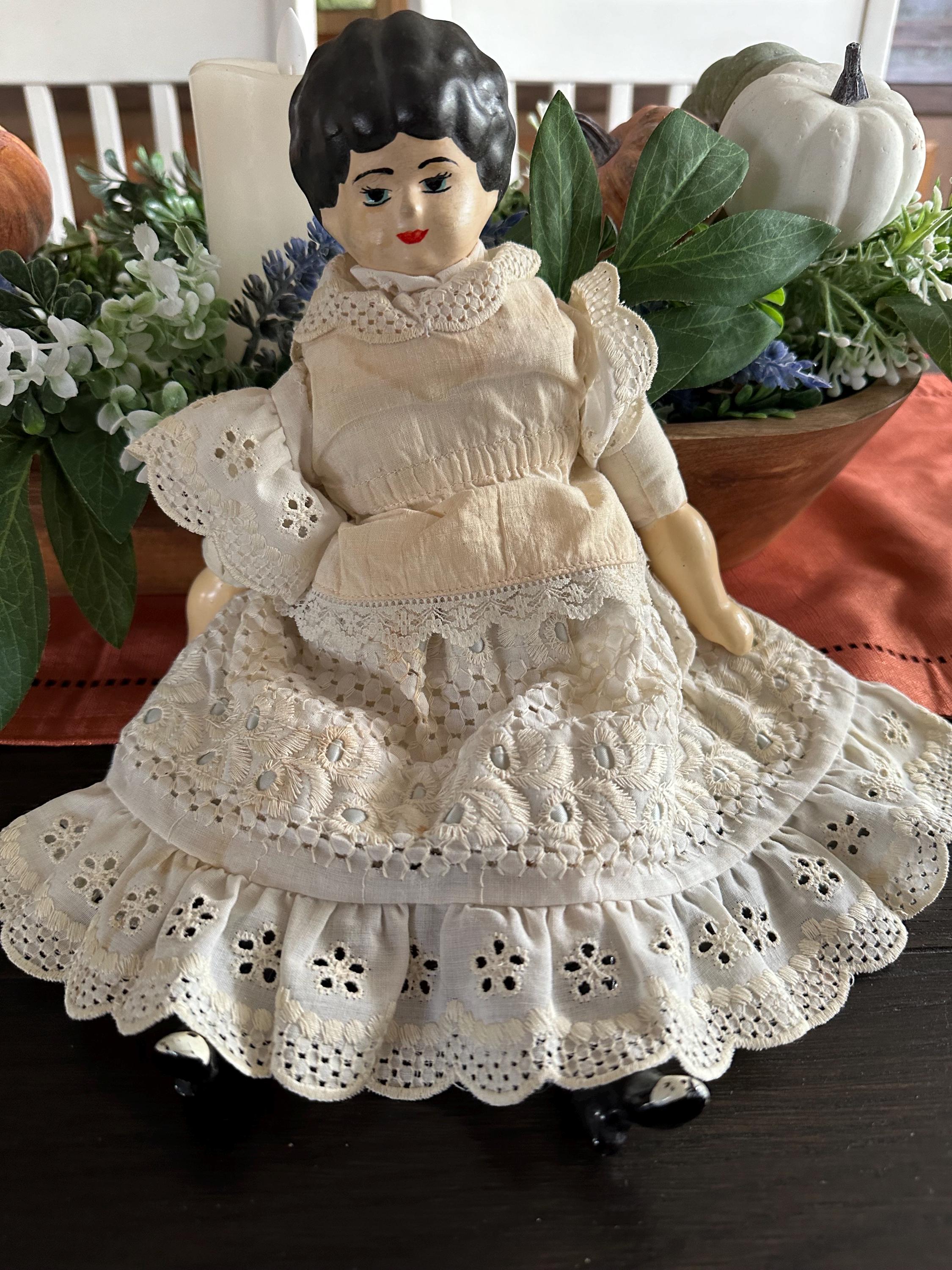 Ruth Gibbs Vintage China Head Doll 鮮烈 D ピンクの花柄ドレス