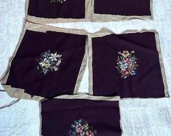 5 Vintage Floral Needlepoint Chair Seat Covers, Burgundy Upholstery Panels, Cottagecore, Victorian Decor
