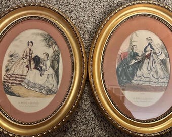 Vintage La Mode Illustrée Fashion Prints in Oval Gold Frames. Victorian French Fashion Plate Art Antique Style Wall Decor Set of 2