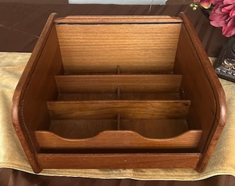 Vintage Wooden Desk Organizer – Mid Century Letter Sorter Mail Holder with Shelf – Rustic Office or Kitchen Storage