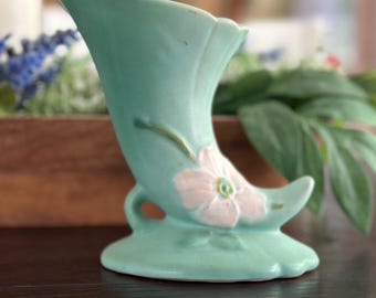 Vintage Weller Pottery mint green dogwood cornucopia vase footed horn vase art deco ceramic flower USA