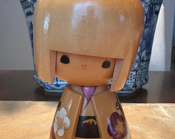 Hand Painted Kokeshi Wooden Doll | Japanese Floral Kimono Figurine, Wood Decor