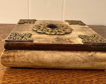 Vintage antique brass and camel bone and decorative  hand painted jewelry box