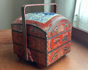 Vintage Chinese Stacking Wedding Box Lacquer Basket Porcelain Carrier Asian Decor Chinoiserie