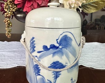 Vintage Blue White Porcelain Tea Caddy, Chinoiserie Landscape Jar