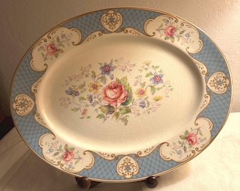 Myott Son And Co Staffordshire Rose Blue 12.5 Inch  Oval Platter Victorian vintage chic shabby circa 1840-1900 England