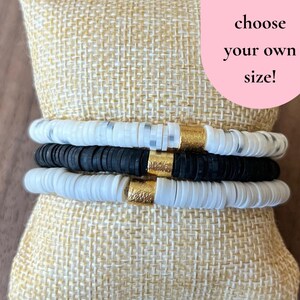 Speckled Black & White, Gray, and Black Bracelet Stack • Clay Heishi Disc Beaded Bracelet Set