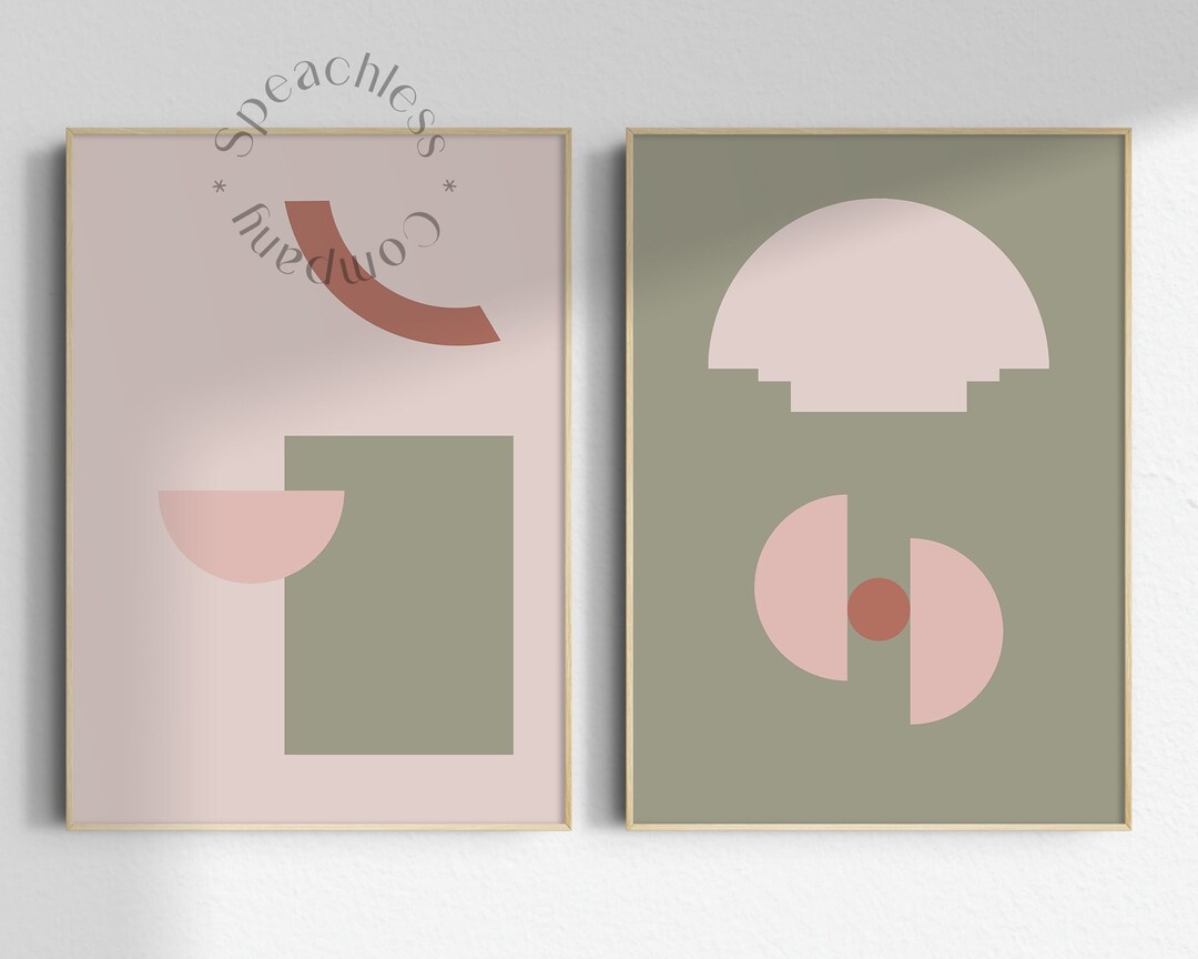 Pink Green Wall Art Set, Soft Pink Wall Art, Boho Set of 2 Print, Boho