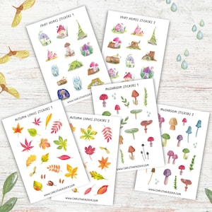Lot de feuilles d'autocollants automne automne, forêt d'autocollants boisés avec maisons de fées, feuilles d'automne, champignons
