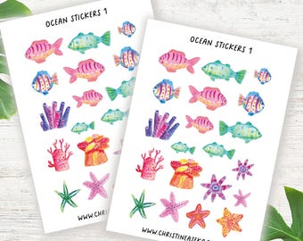 Watercolor Ocean Stickers, Fish, Coral, Starfish, Scrapbook Stickers