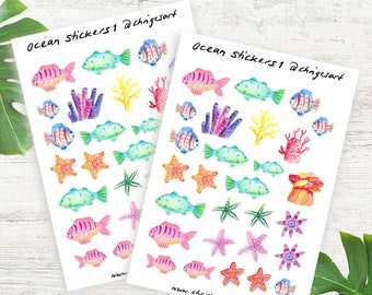 Ocean stickers, fish sticker sheets, colorful cute watercolor stickers, starfish, coral, sea animals, for bullet journal, scrapbook