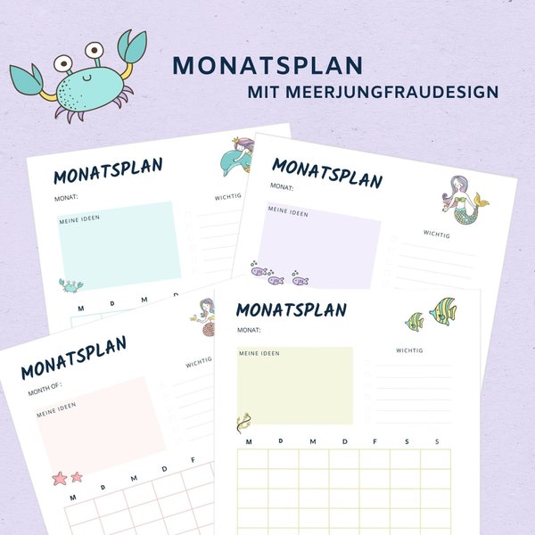 German monthly planner printable, DIN A4 portrait, instant download, soft colors, cute and whimsical