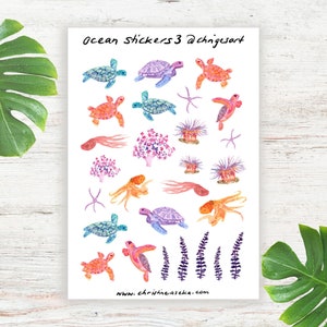 Feuille d'autocollants du monde sous-marin, tortue de mer, poulpe, corail, autocollants colorés pour bullet journal, décor de scrapbooking, autocollants aquarelle