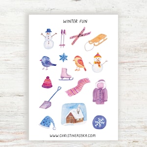 Stickers sports d'hiver, ski, luge, patins à glace, stickers bonhomme de neige, feuille de stickers agenda hiver