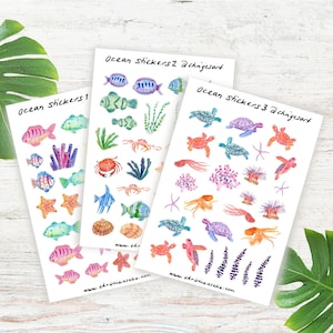 Stickervel bundel oceaan, visstickers, onderwaterwereld, schelpen, krabben, zeeschildpadden, planner stickervel aquarel