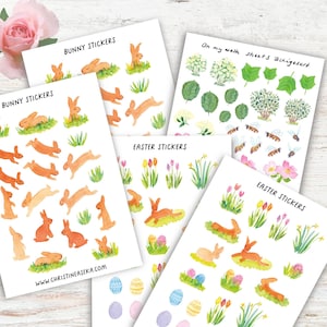 Pacchetto adesivi primaverili pasquali acquerello, pacchetto fogli adesivi primaverili, adesivi coniglietto fiore bullet journal