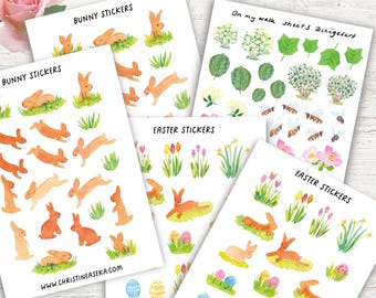 Adesivos de Páscoa em aquarela: folhas de adesivos com coelhinhos e flores da primavera