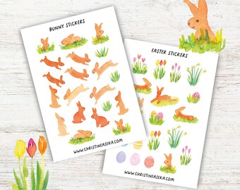 Adesivos de Páscoa com coelhinhos em aquarela, adesivos para planner de primavera (2 folhas)