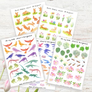 Lot de feuilles d'autocollants printaniers, lot d'autocollants de Pâques, animaux, plantes, autocollants pour agenda à l'aquarelle, autocollants bujo avec de jolis lapins