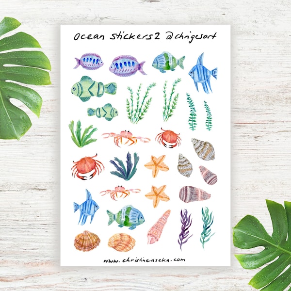 Ocean stickers, fish sticker sheet, underwater world, seashells, crabs, cute stickers watercolor, for bullet journal, scrapbooking