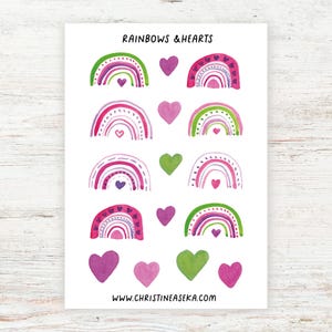 Adesivi arcobaleno, arcobaleni rosa, foglio di adesivi con piccoli cuori, graziosi decori verticali