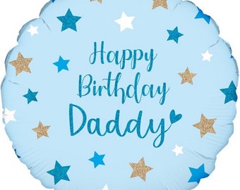 Könnte beinhalten: Blauer und goldener Folienballon mit einer Geburtstagsnachricht und Sternen. Der Ballon sagt "Happy Birthday Daddy" mit einem Herzen.