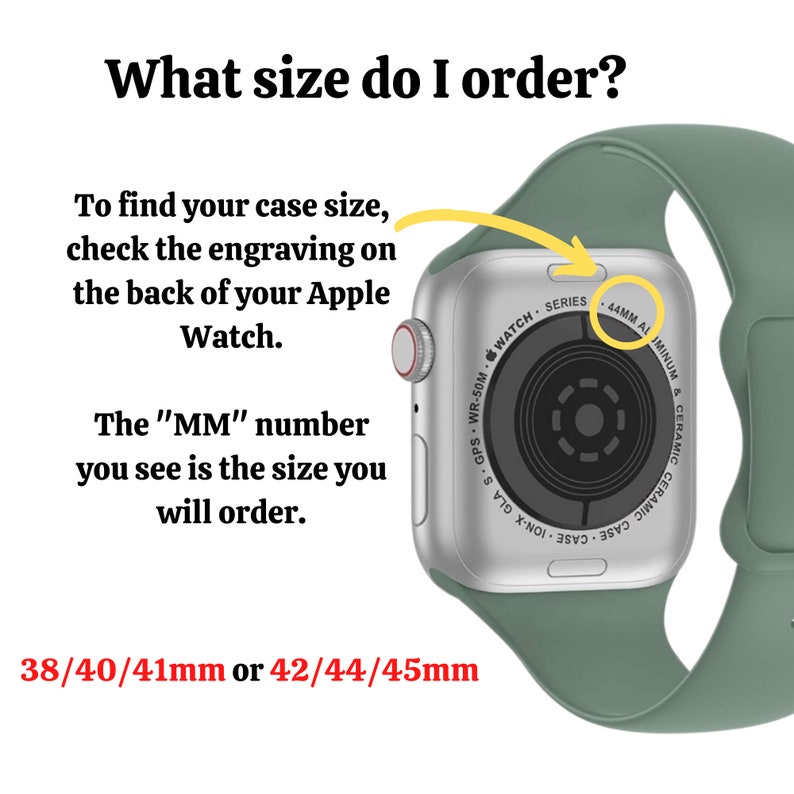 Puede incluir: Primer plano de la parte posterior de un Apple Watch con una correa verde. La esfera del reloj tiene el texto "GPS WR-50M WATCH SERIES" y "44MM ALUMINUM & CERAMIC CASE CERAMIC ALUMINUM". El texto "38/40/41mm o 42/44/45mm" est&aacute; debajo del reloj.