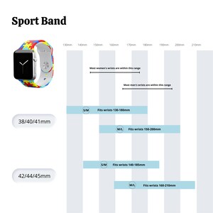 Puede incluir: Una gu&iacute;a de tallas para las correas deportivas de Apple Watch, que muestra las diferentes tallas disponibles para los relojes de 38/40/41 mm y 42/44/45 mm. La gu&iacute;a indica el rango de tama&ntilde;o de la mu&ntilde;eca para cada talla de correa, con medidas en mil&iacute;metros.