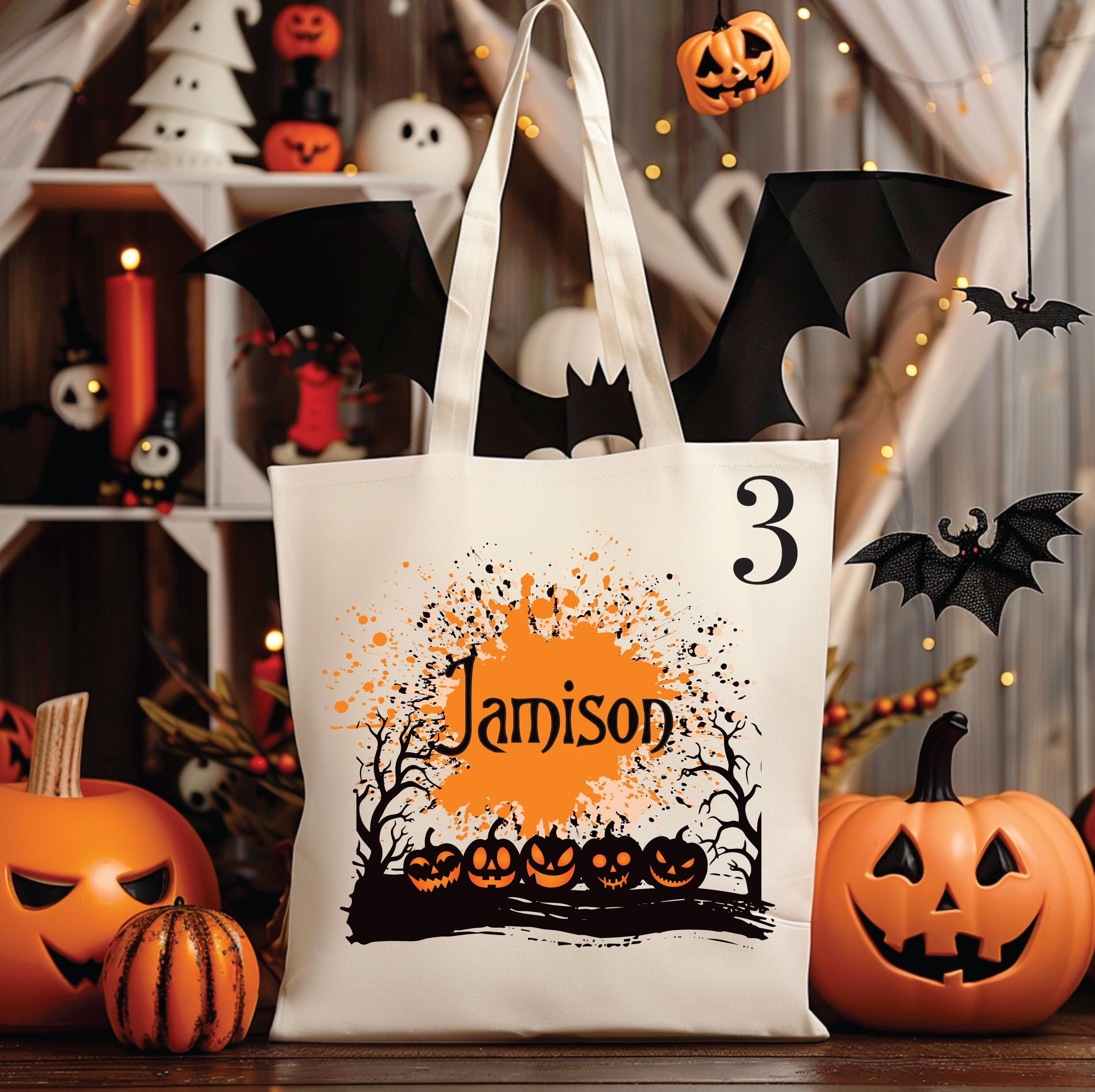 7 DESIGNS Vintage Personalized Halloween Tote Bag Customized Pumpkin Witch Cat Castle Skeleton Ghost Canvas Tote Bag for Trick or Treat