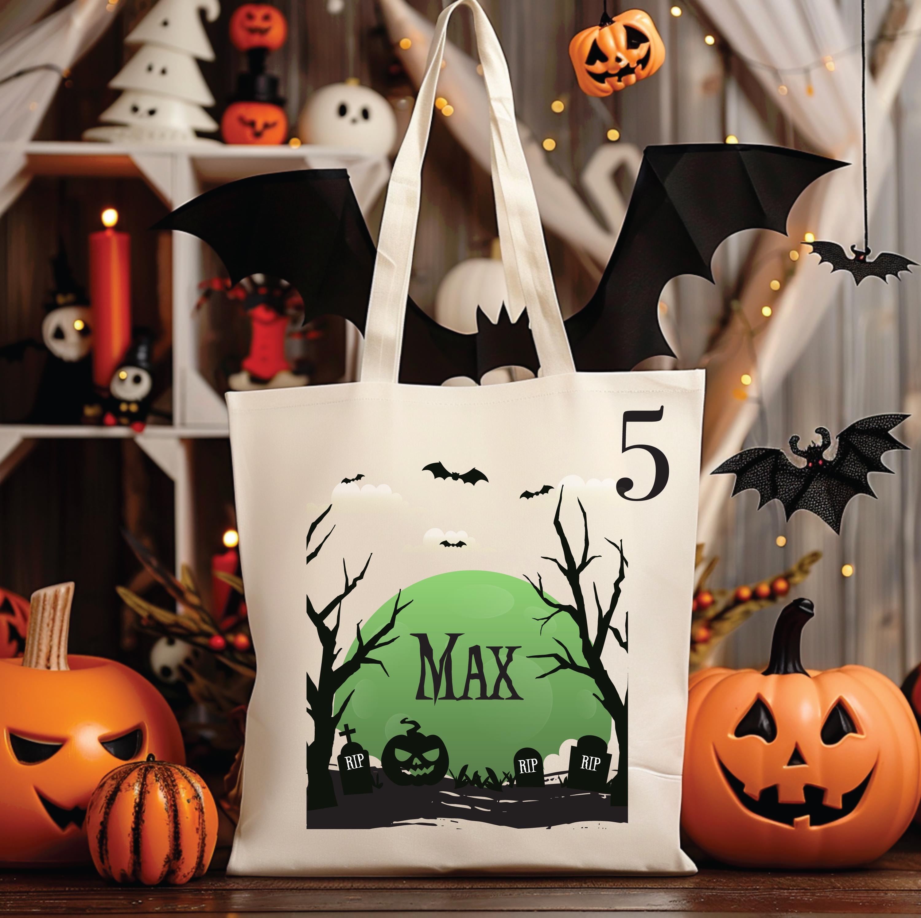 7 DESIGNS Vintage Personalized Halloween Tote Bag Customized Pumpkin Witch Cat Castle Skeleton Ghost Canvas Tote Bag for Trick or Treat