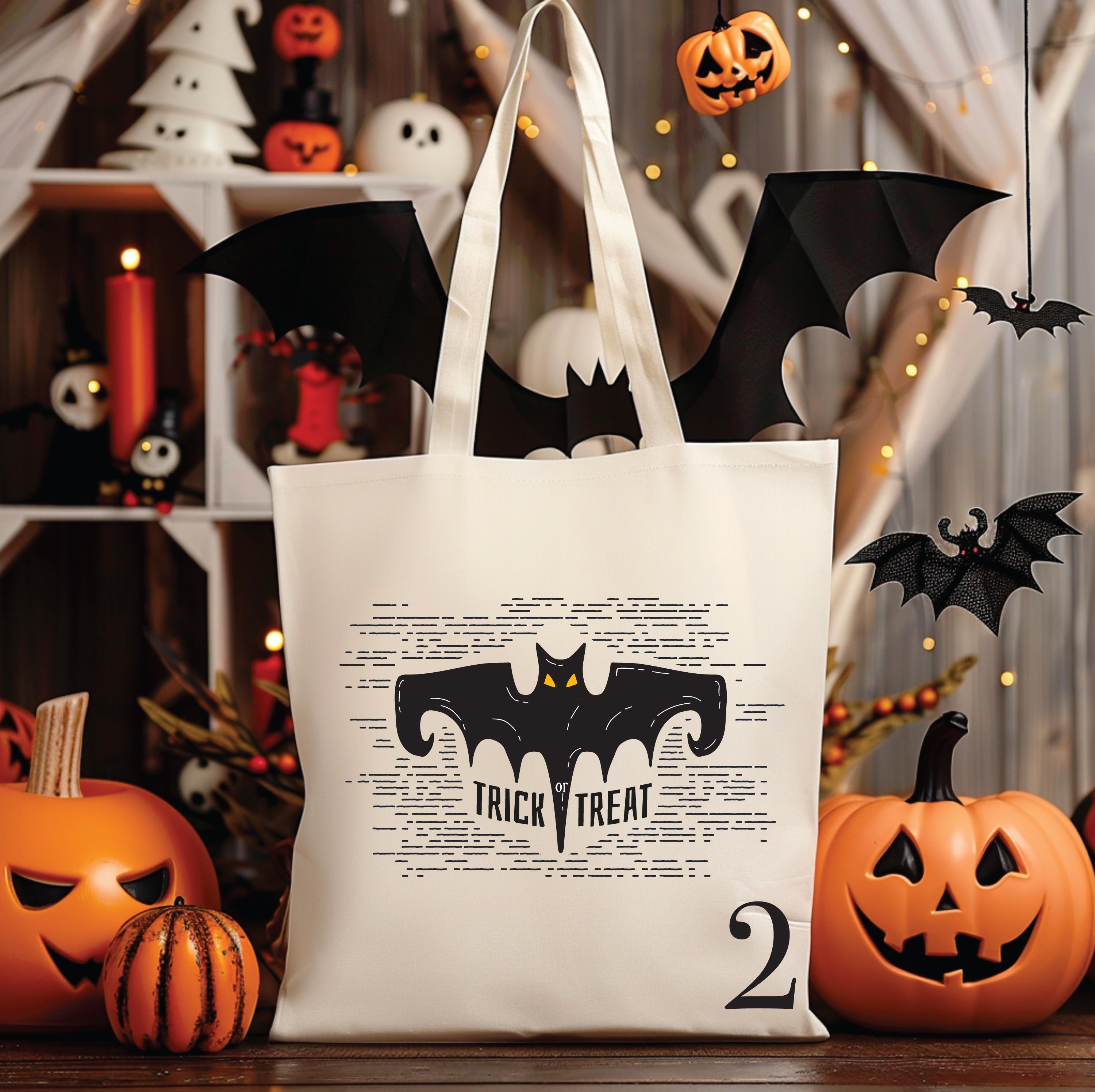 7 DESIGNS Vintage Personalized Halloween Tote Bag Customized Pumpkin Witch Cat Castle Skeleton Ghost Canvas Tote Bag for Trick or Treat