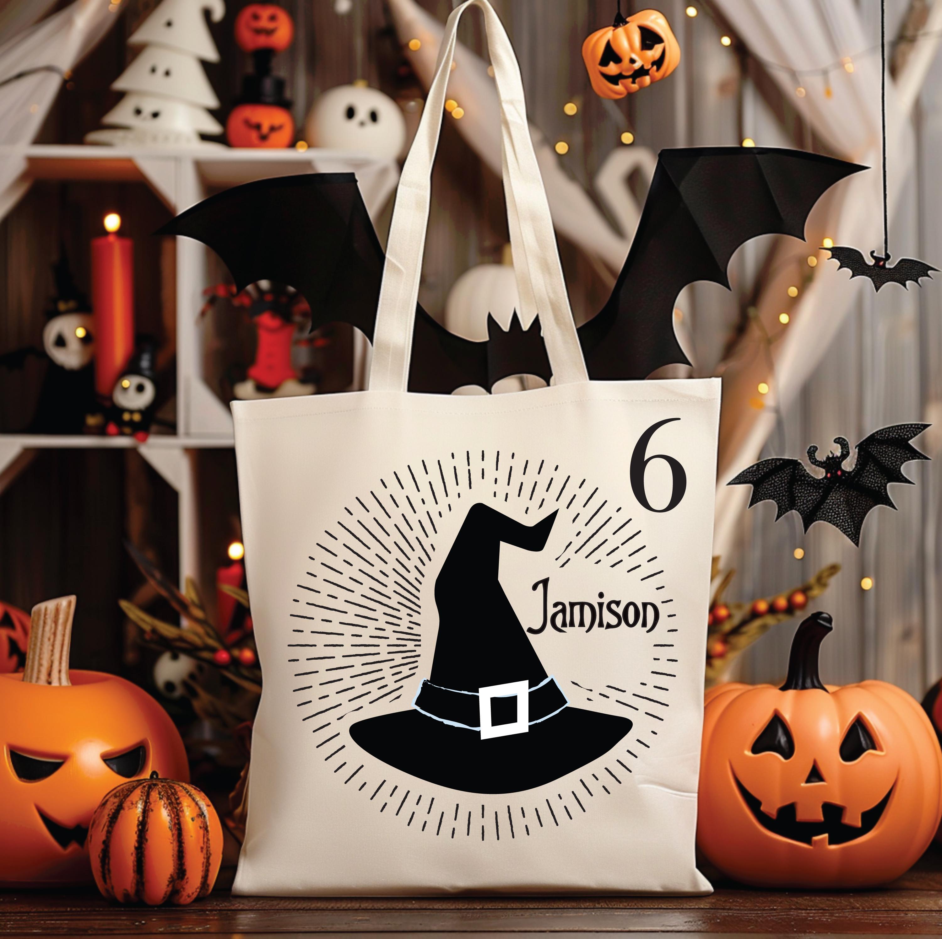 7 DESIGNS Vintage Personalized Halloween Tote Bag Customized Pumpkin Witch Cat Castle Skeleton Ghost Canvas Tote Bag for Trick or Treat