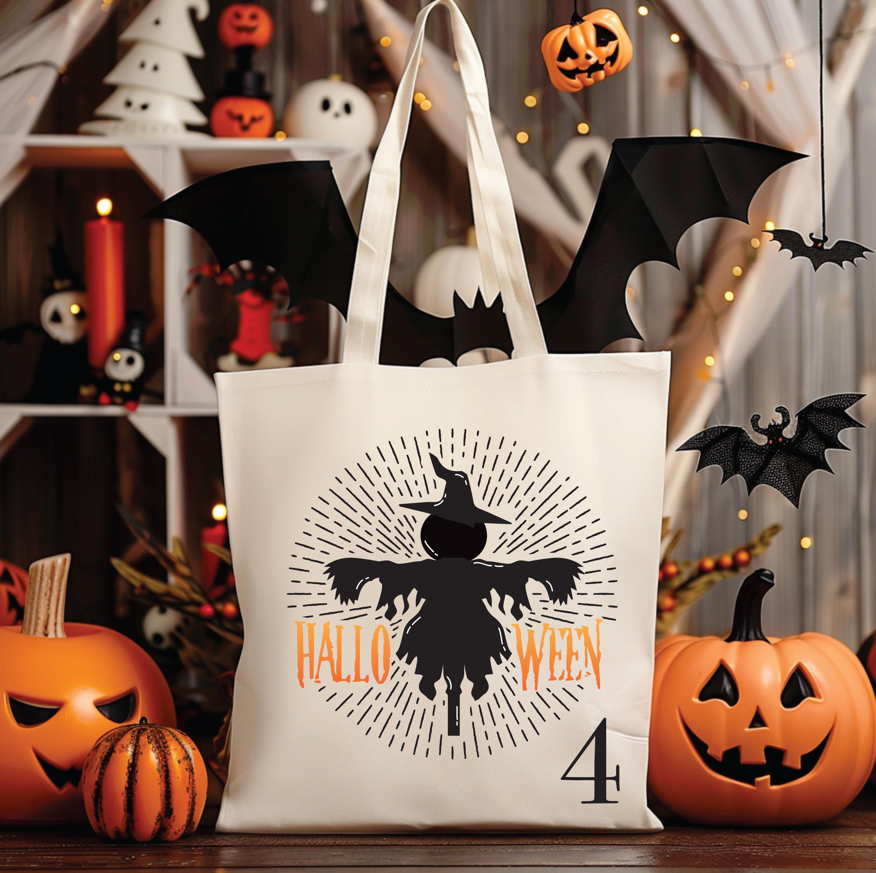 7 DESIGNS Vintage Personalized Halloween Tote Bag Customized Pumpkin Witch Cat Castle Skeleton Ghost Canvas Tote Bag for Trick or Treat