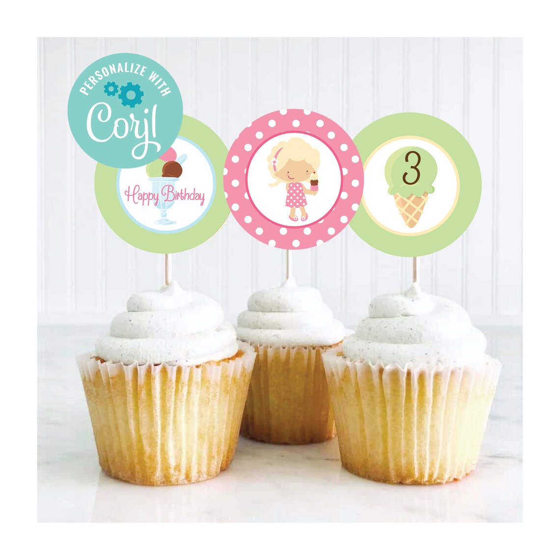 EDITABLE Ice Cream Cupcake Toppers Ice Cream Birthday, Birthday Party Labels, Ice Cream Cupcake
