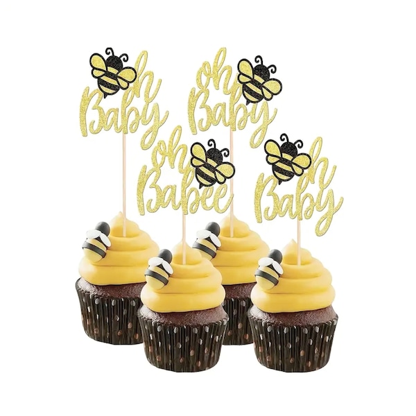 Bumble Bee Cupcake Toppers - Bee Decor- Bee Baby Shower - Bee Party - Bee Gender Reveal, Glitter Bee, Honeycomb Cupcake Topper