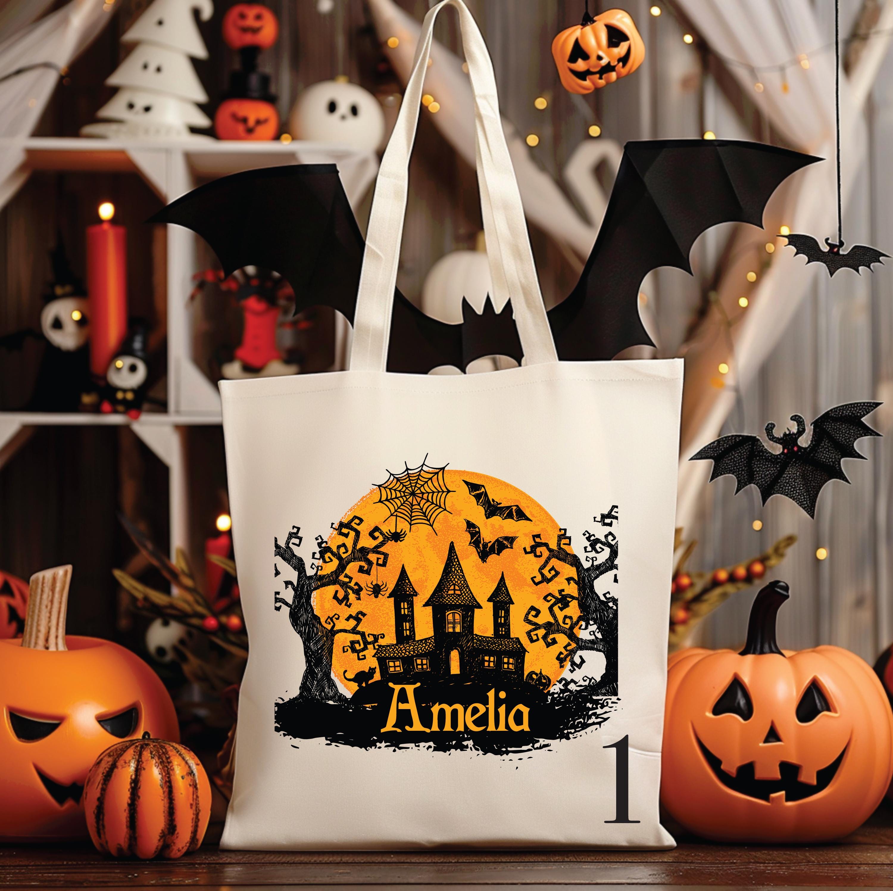 7 DESIGNS Vintage Personalized Halloween Tote Bag Customized Pumpkin Witch Cat Castle Skeleton Ghost Canvas Tote Bag for Trick or Treat