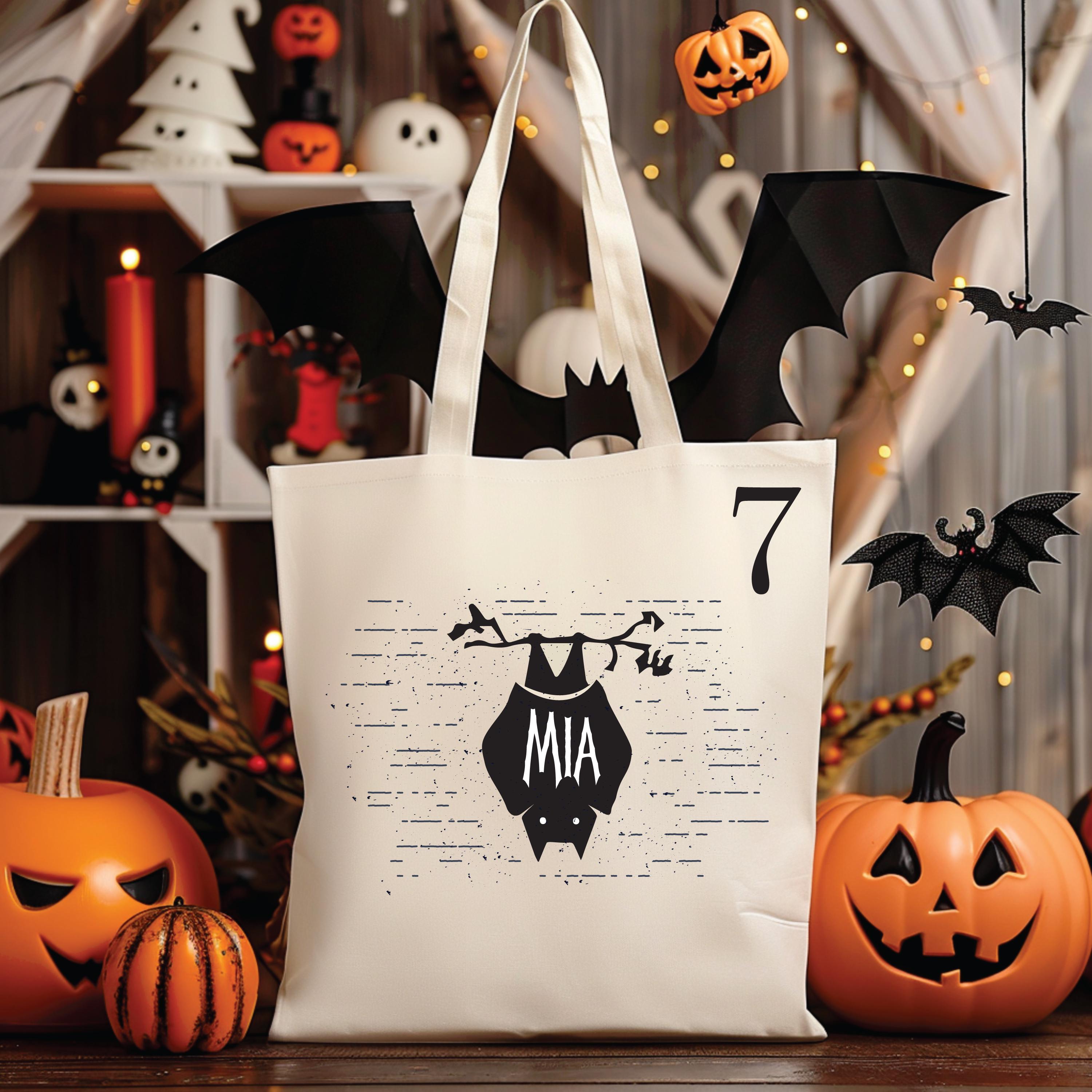7 DESIGNS Vintage Personalized Halloween Tote Bag Customized Pumpkin Witch Cat Castle Skeleton Ghost Canvas Tote Bag for Trick or Treat